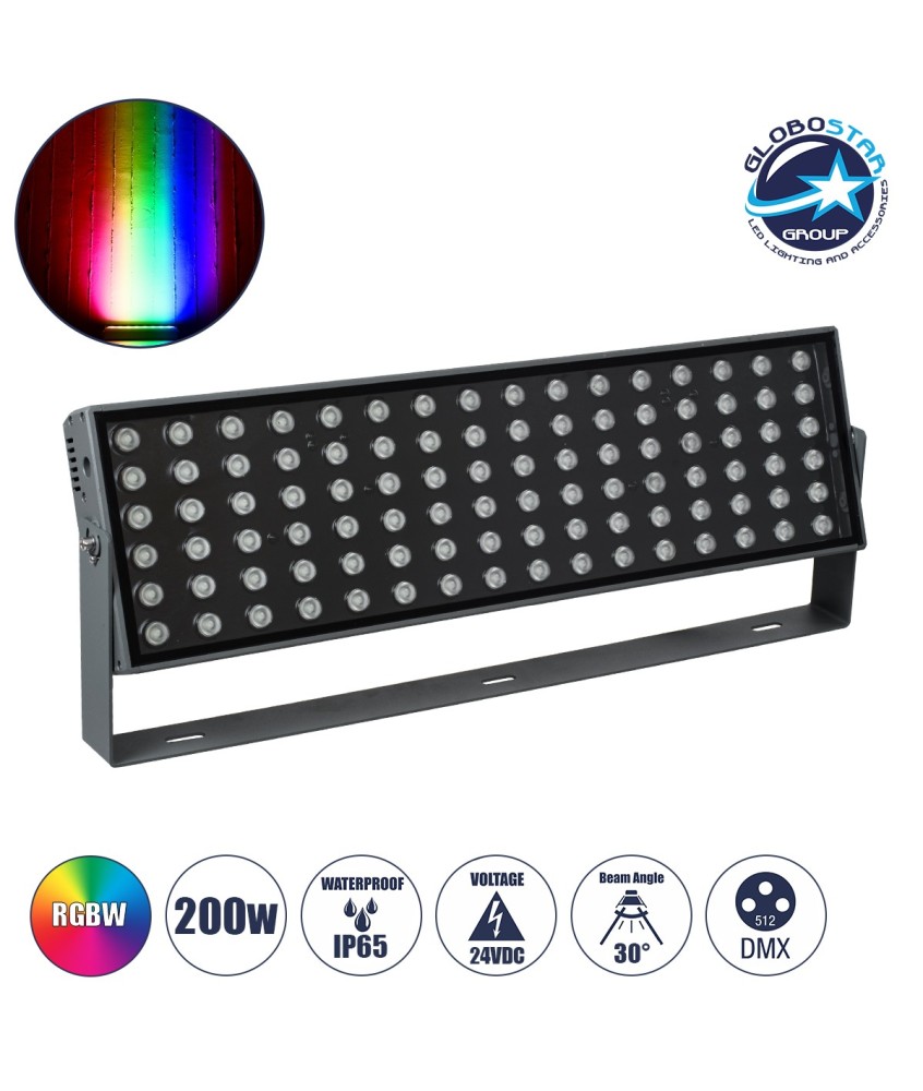 GLOBOSTAR® FLOODZANA 90561 Προβολέας Σποτ Wall Washer LED 200W 16000lm 30° DC 24V Αδιάβροχο IP65 Πολύχρωμο RGBW Dimmable DMX512 - Bridgelux SMD Chip - Γκρι Ανθρακί - Μ70 x Π29 x Υ10cm - 3 Χρόνια Εγγύηση